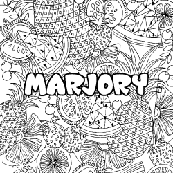 Coloring page first name MARJORY - Fruits mandala background