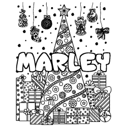 Coloring page first name MARLEY - Christmas tree and presents background