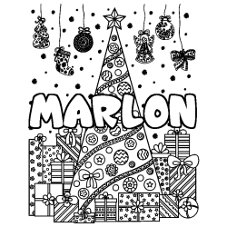 Coloring page first name MARLON - Christmas tree and presents background
