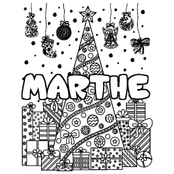 Coloring page first name MARTHE - Christmas tree and presents background