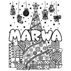Coloring page first name MARWA - Christmas tree and presents background