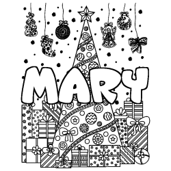 Coloring page first name MARY - Christmas tree and presents background