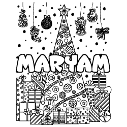 Coloring page first name MARYAM - Christmas tree and presents background