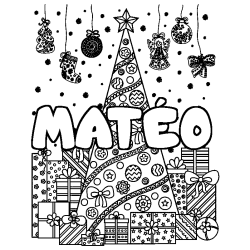 Coloring page first name MATÉO - Christmas tree and presents background