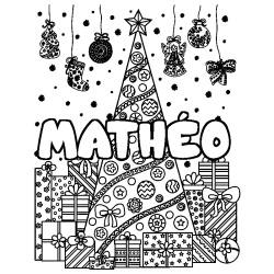 Coloring page first name MATHÉO - Christmas tree and presents background