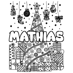 Coloring page first name MATHIAS - Christmas tree and presents background