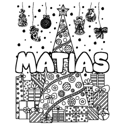 Coloring page first name MATIAS - Christmas tree and presents background