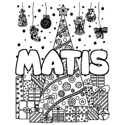 Coloring page first name MATIS - Christmas tree and presents background