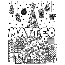 Coloring page first name MATTEO - Christmas tree and presents background
