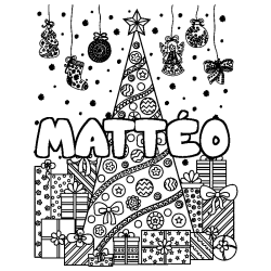 Coloring page first name MATTÉO - Christmas tree and presents background