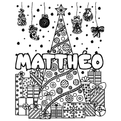 Coloring page first name MATTHÉO - Christmas tree and presents background