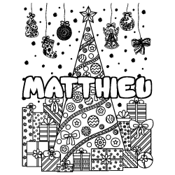 Coloring page first name MATTHIEU - Christmas tree and presents background