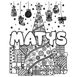 Coloring page first name MATYS - Christmas tree and presents background