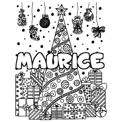 Coloring page first name MAURICE - Christmas tree and presents background