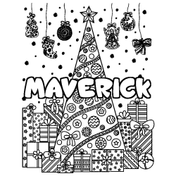 Coloring page first name MAVERICK - Christmas tree and presents background