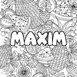 Coloring page first name MAXIM - Fruits mandala background