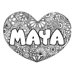 Coloring page first name MAYA - Heart mandala background