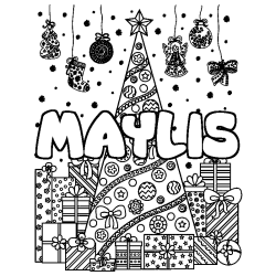 Coloring page first name MAYLIS - Christmas tree and presents background