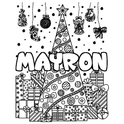 Coloring page first name MAYRON - Christmas tree and presents background
