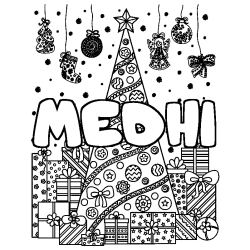 Coloring page first name MEDHI - Christmas tree and presents background