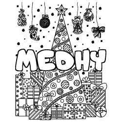 Coloring page first name MEDHY - Christmas tree and presents background
