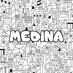 Coloring page first name MEDINA - City background
