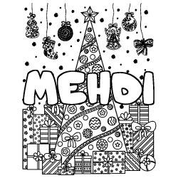 Coloring page first name MEHDI - Christmas tree and presents background