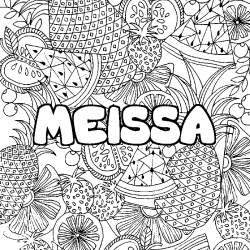 Coloring page first name MEISSA - Fruits mandala background