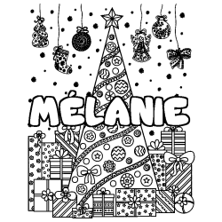 Coloring page first name MÉLANIE - Christmas tree and presents background