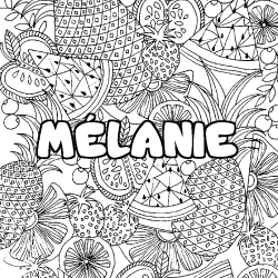 Coloring page first name MÉLANIE - Fruits mandala background