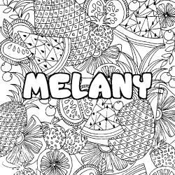 Coloring page first name MELANY - Fruits mandala background