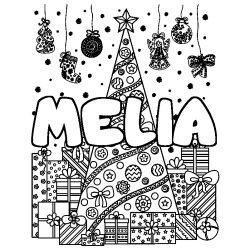 Coloring page first name MELIA - Christmas tree and presents background