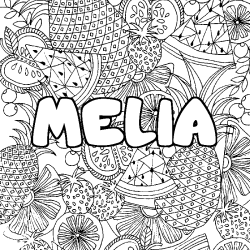 Coloring page first name MELIA - Fruits mandala background