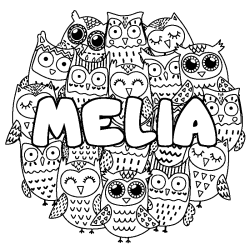 Coloring page first name MELIA - Owls background