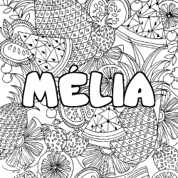 Coloring page first name MÉLIA - Fruits mandala background