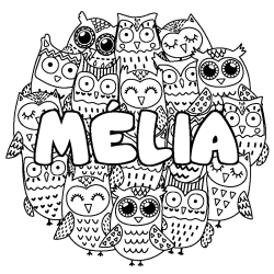 Coloring page first name MÉLIA - Owls background