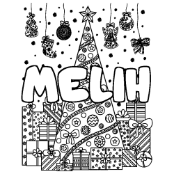 Coloring page first name MELIH - Christmas tree and presents background