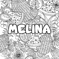 Coloring page first name MELINA - Fruits mandala background