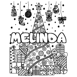 Coloring page first name MELINDA - Christmas tree and presents background