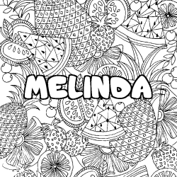 Coloring page first name MELINDA - Fruits mandala background