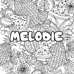 Coloring page first name MELODIE - Fruits mandala background