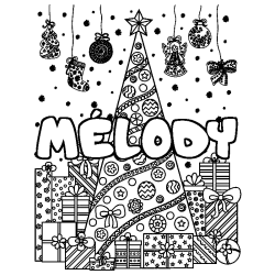 Coloring page first name MÉLODY - Christmas tree and presents background
