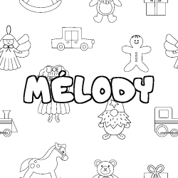 Coloring page first name MÉLODY - Toys background