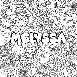 Coloring page first name MELYSSA - Fruits mandala background