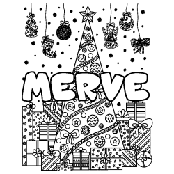 Coloring page first name MERVE - Christmas tree and presents background