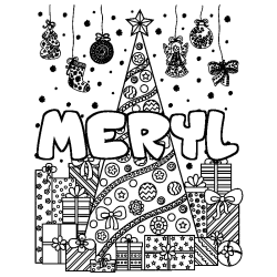 Coloring page first name MERYL - Christmas tree and presents background