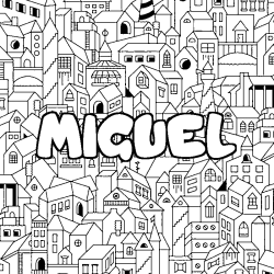Coloring page first name MIGUEL - City background
