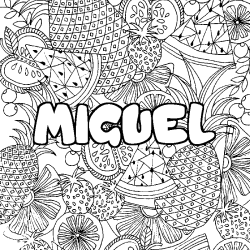 Coloring page first name MIGUEL - Fruits mandala background