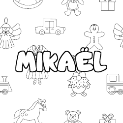 Coloring page first name MIKAËL - Toys background