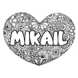 Coloring page first name MIKAIL - Heart mandala background